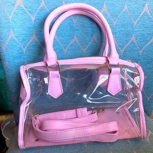 Pink Clear Vinyl Purse w Handles Gold Zipper + detatchable shoulder strap